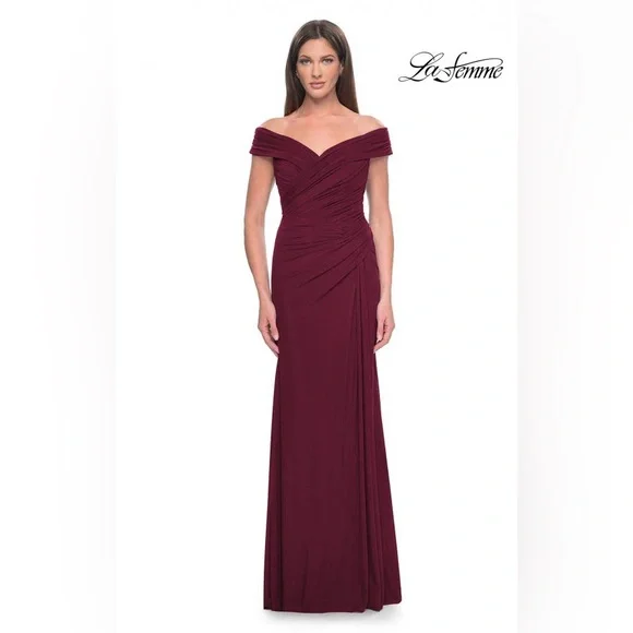 La Femme Off Shoulder Trumpet Gown, Wine color, Size 10, $328